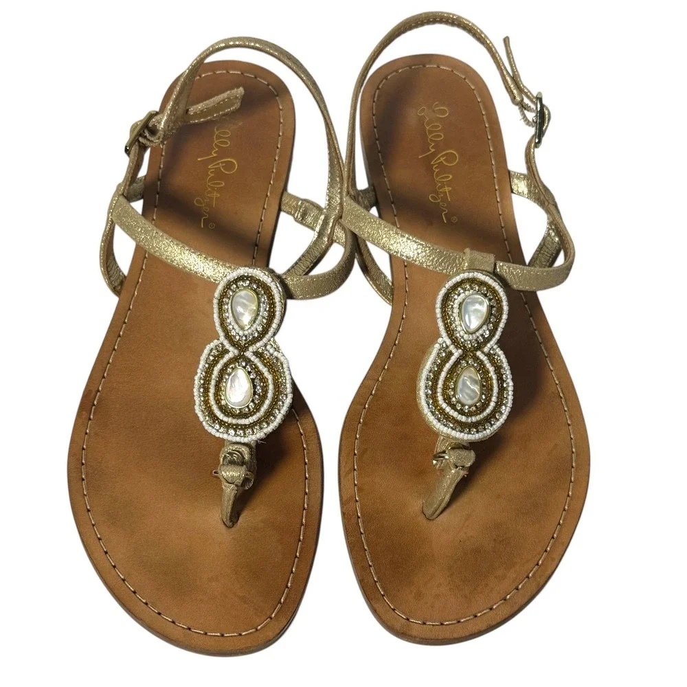LILLY PULITZER Beaded Gold‎ Leather T-Strap Thong Sandals Size 7.5M